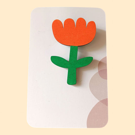Broche en bois - Fleur orange ou rouge
