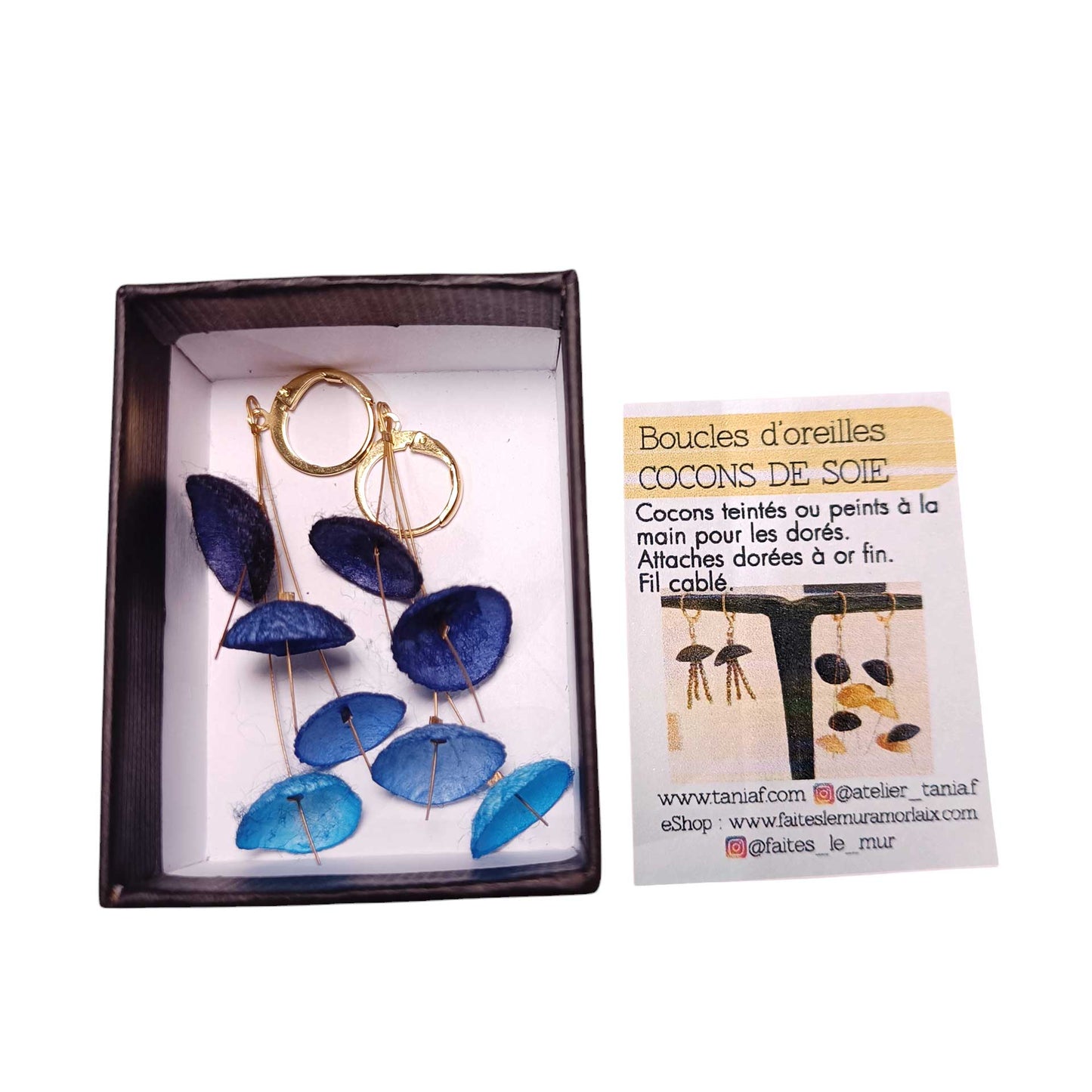 Boucles d'oreilles 4 cocons de soie BLEU